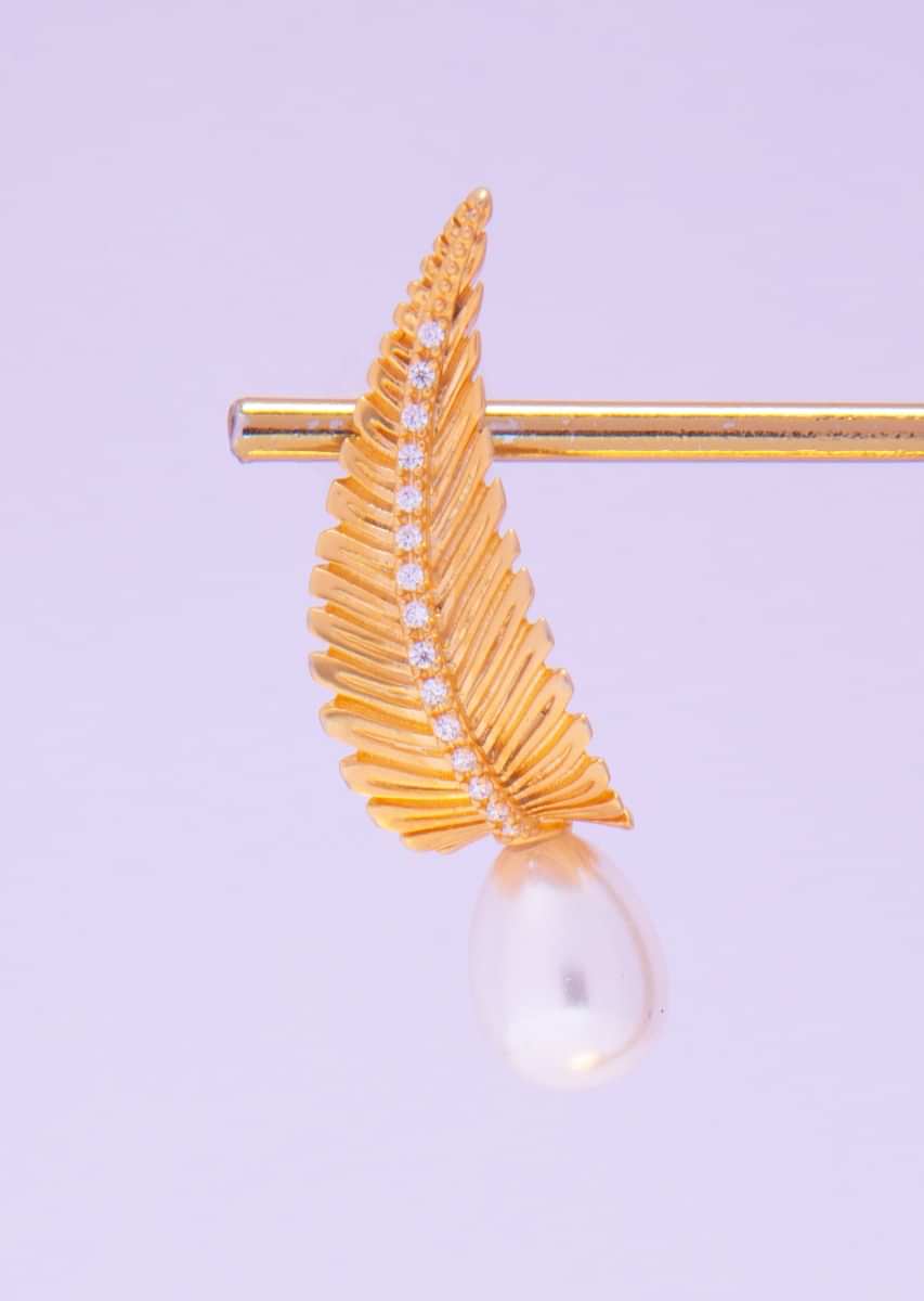 Gold pated leaf studs  with white pearl drops only on kalki