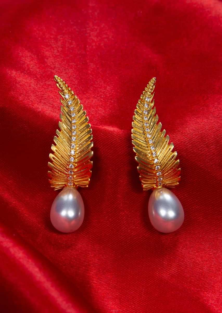 Gold pated leaf studs  with white pearl drops only on kalki