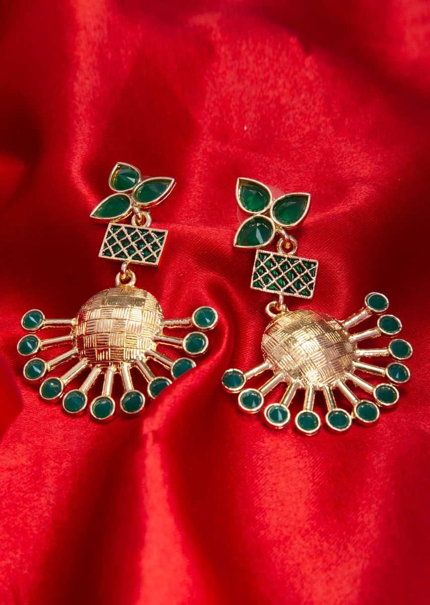 Gold plated  chandelier earring with emerald green bead only on kalki