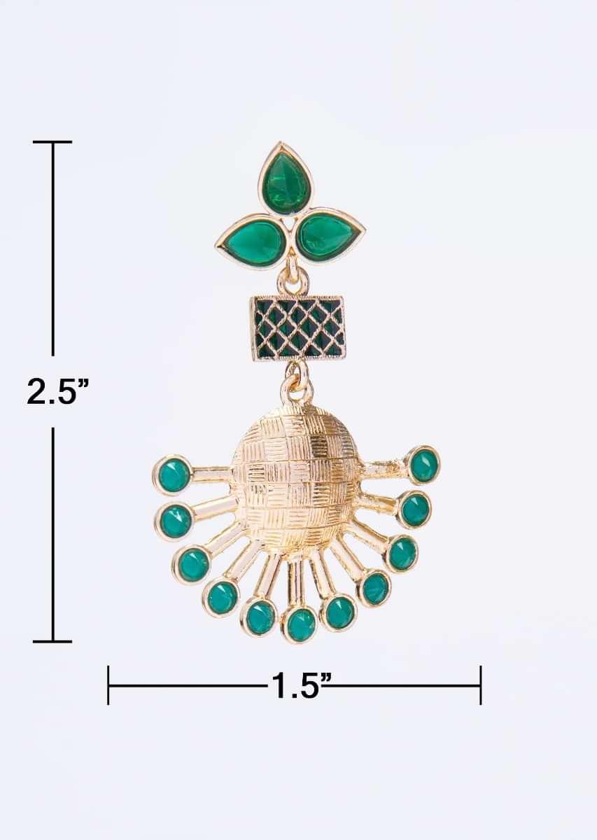 Gold plated  chandelier earring with emerald green bead only on kalki