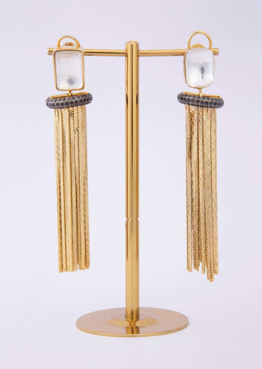 Gold plated  sleek chain tasseled earring with kundan stone only on Kalki