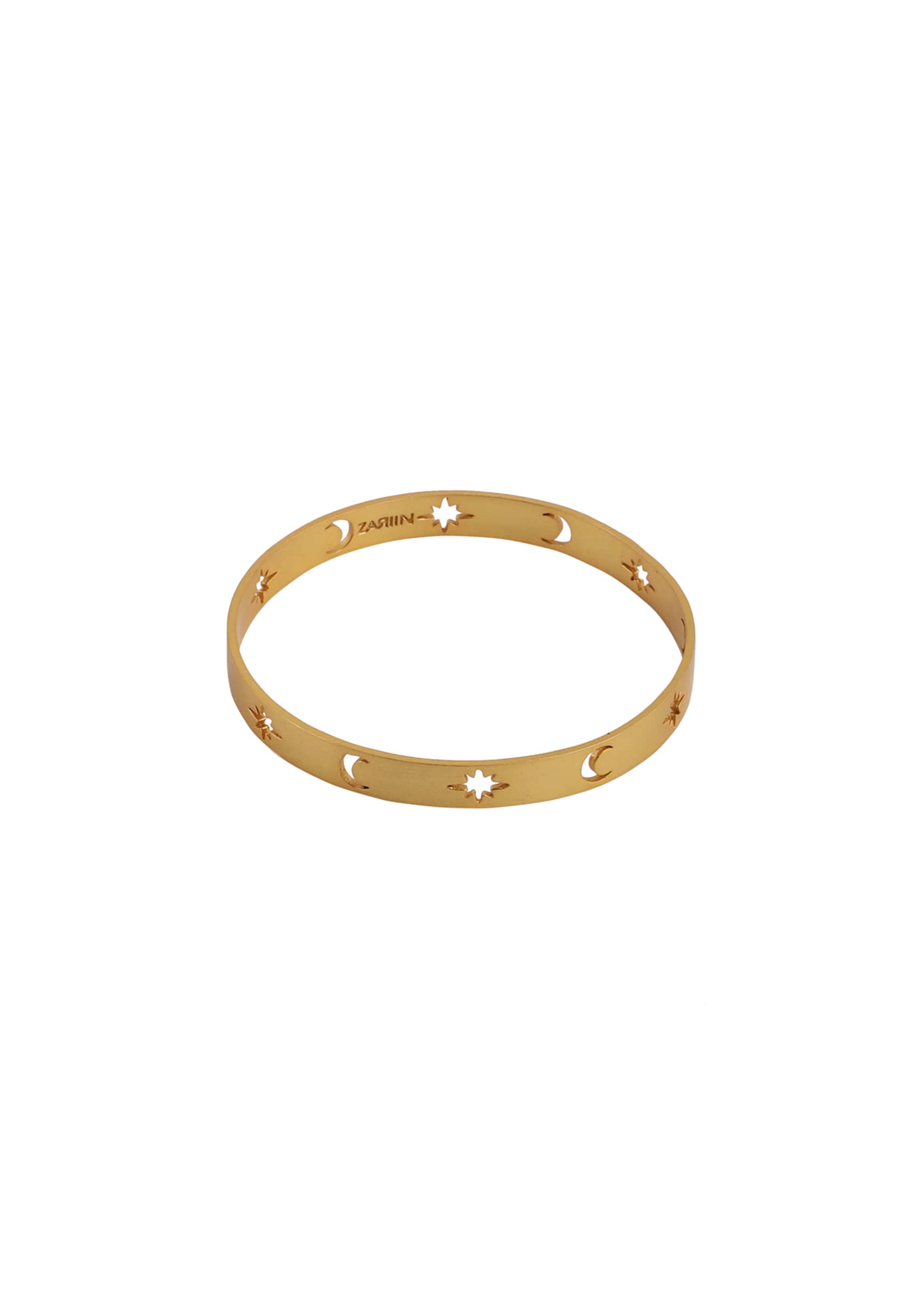 Gold Plated Bangle With Carved Stars And Moon Motifs By Zariin