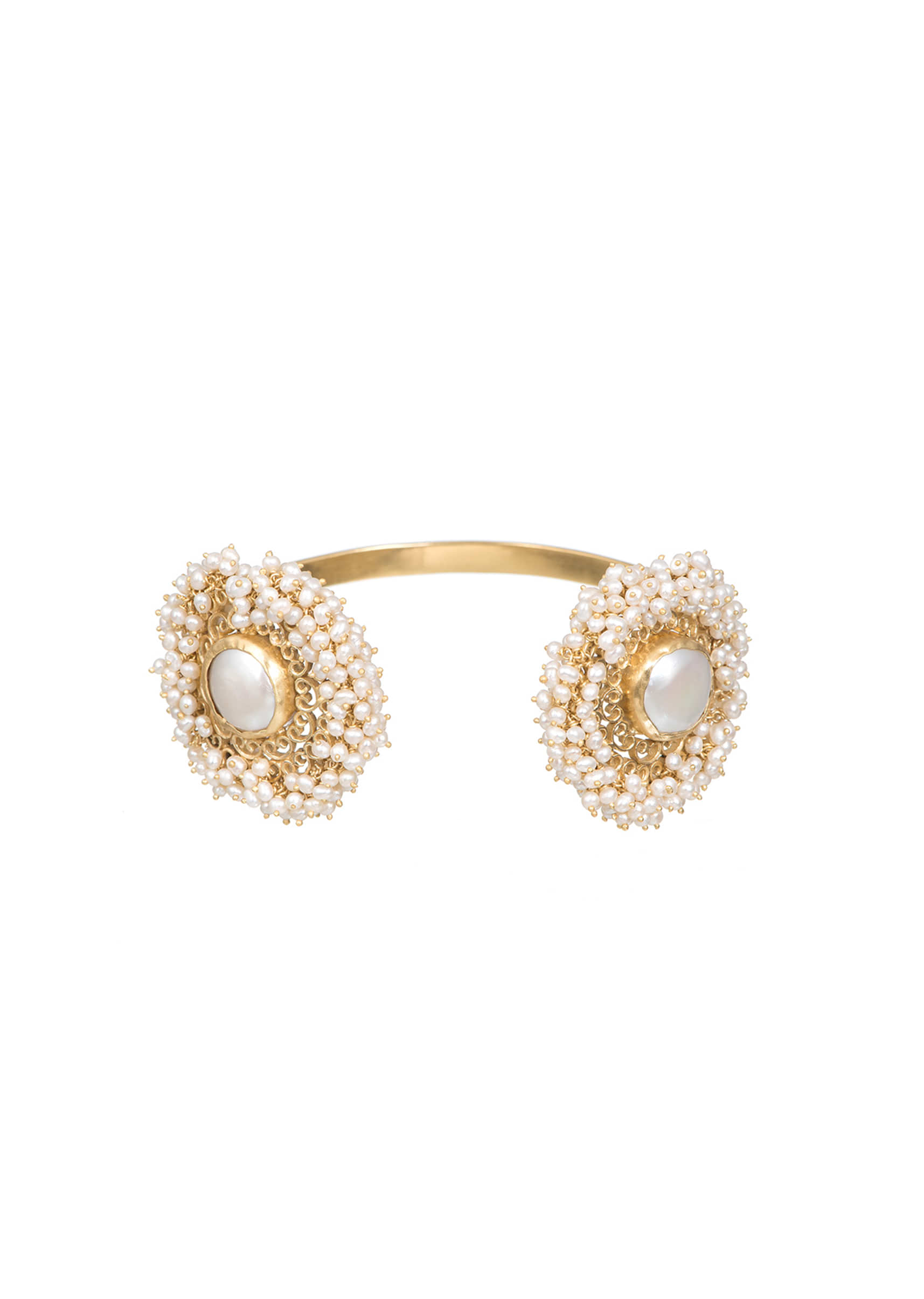 Gold Plated Bangle With Two Baroque Pearl Studded Motifs Edged In Pearl Beads By Zariin
