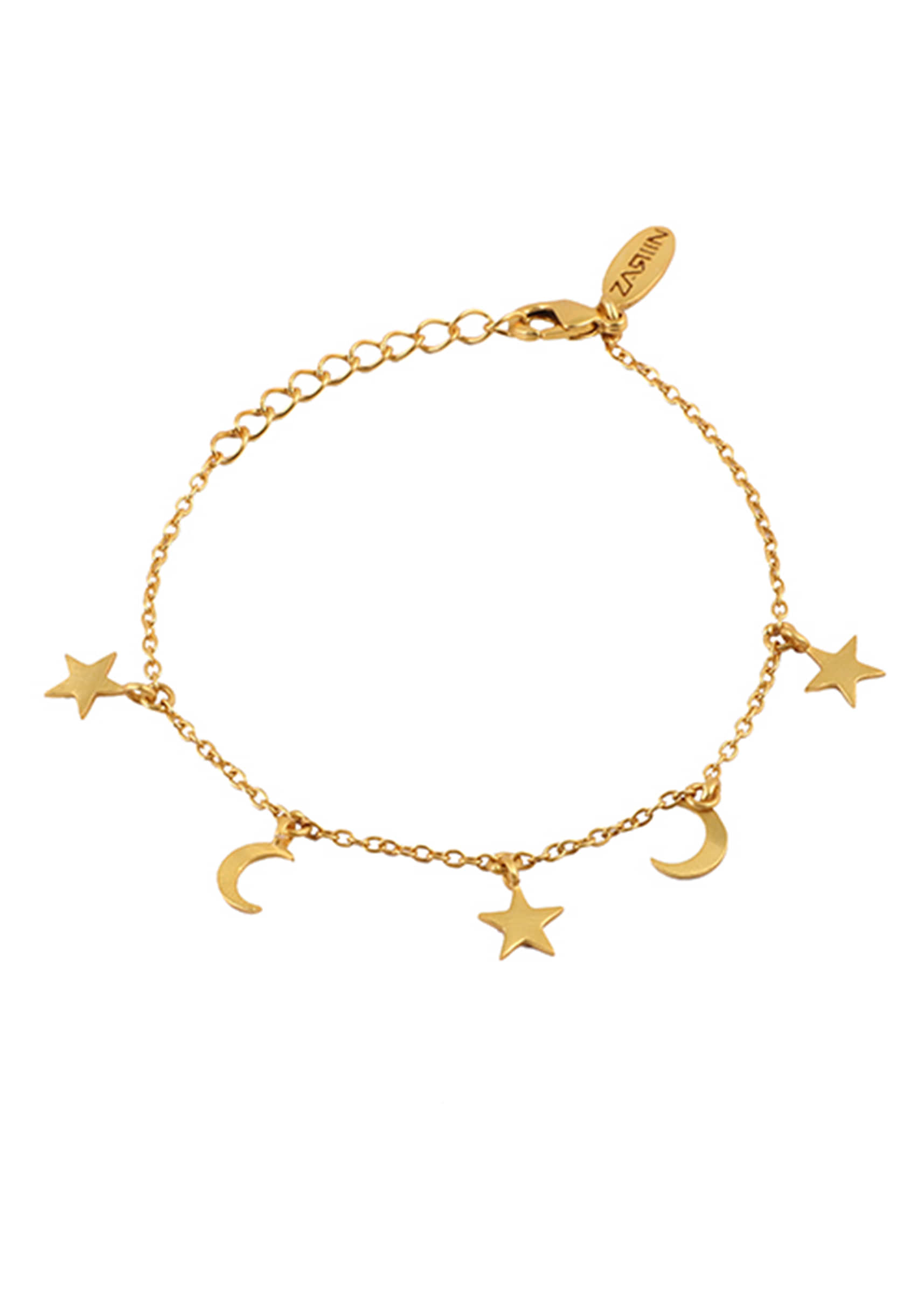 Gold Plated Bracelet With Star And Moon Tassels By Zariin