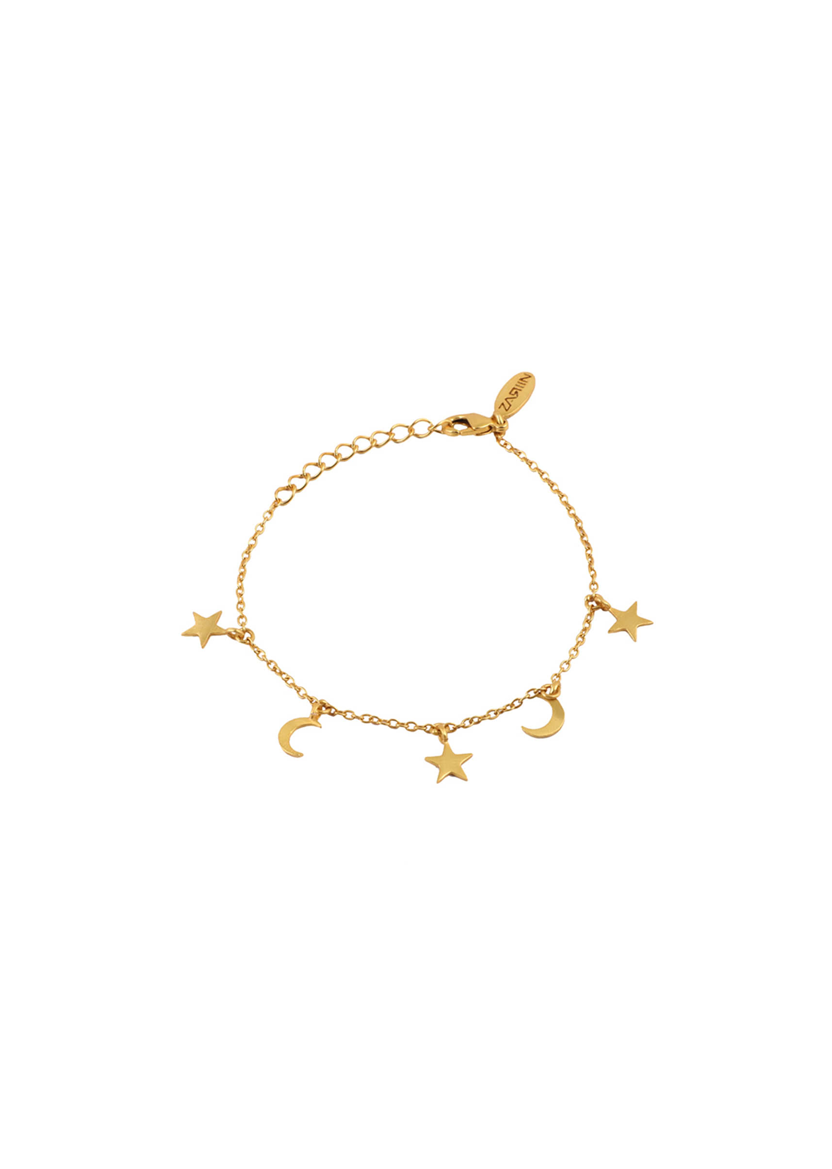 Gold Plated Bracelet With Star And Moon Tassels By Zariin