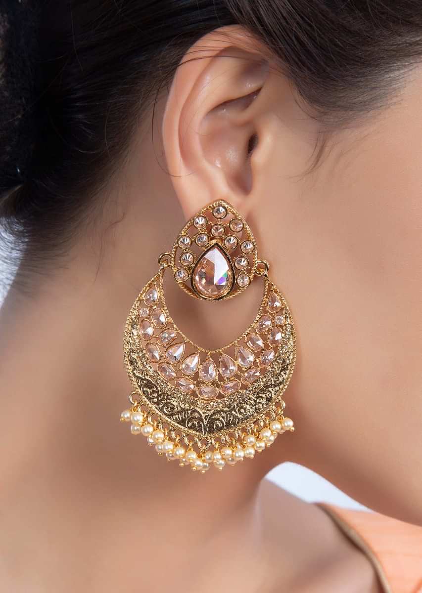 Gold plated chandbali earring with crystal beads and nano moti drops  only on kalki
