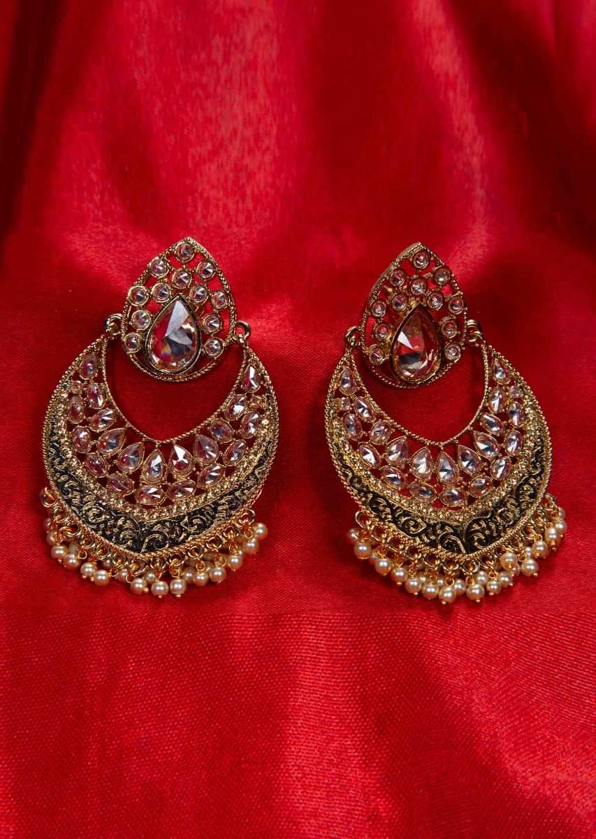 Gold plated chandbali earring with crystal beads and nano moti drops  only on kalki