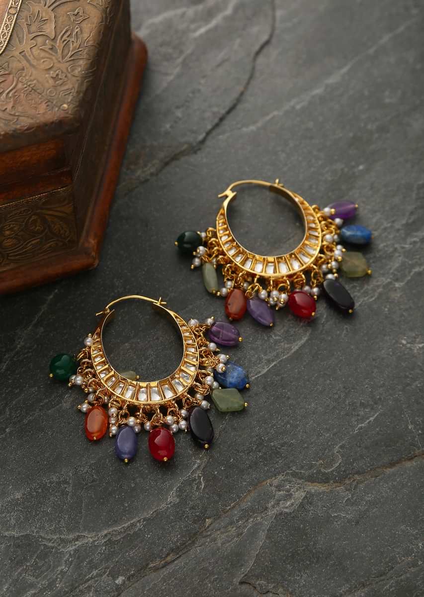 Gold Plated Chandbali Earrings With Kundan And Dangling Multicolored Stones By Paisley Pop