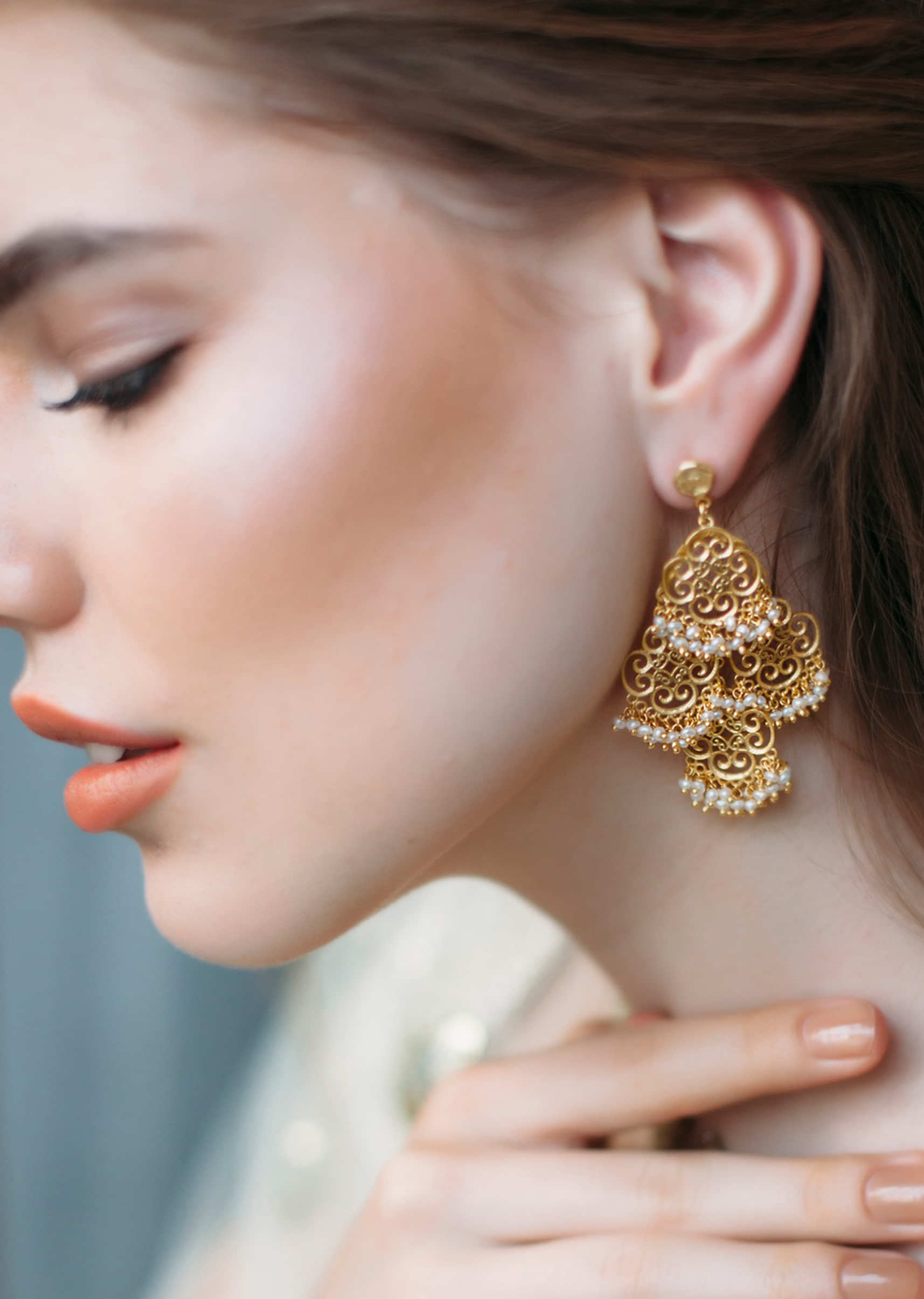 Gold Plated Chandelier Earrings With Delicate Pearl Beads And Intricate Filigree Motifs By Zariin