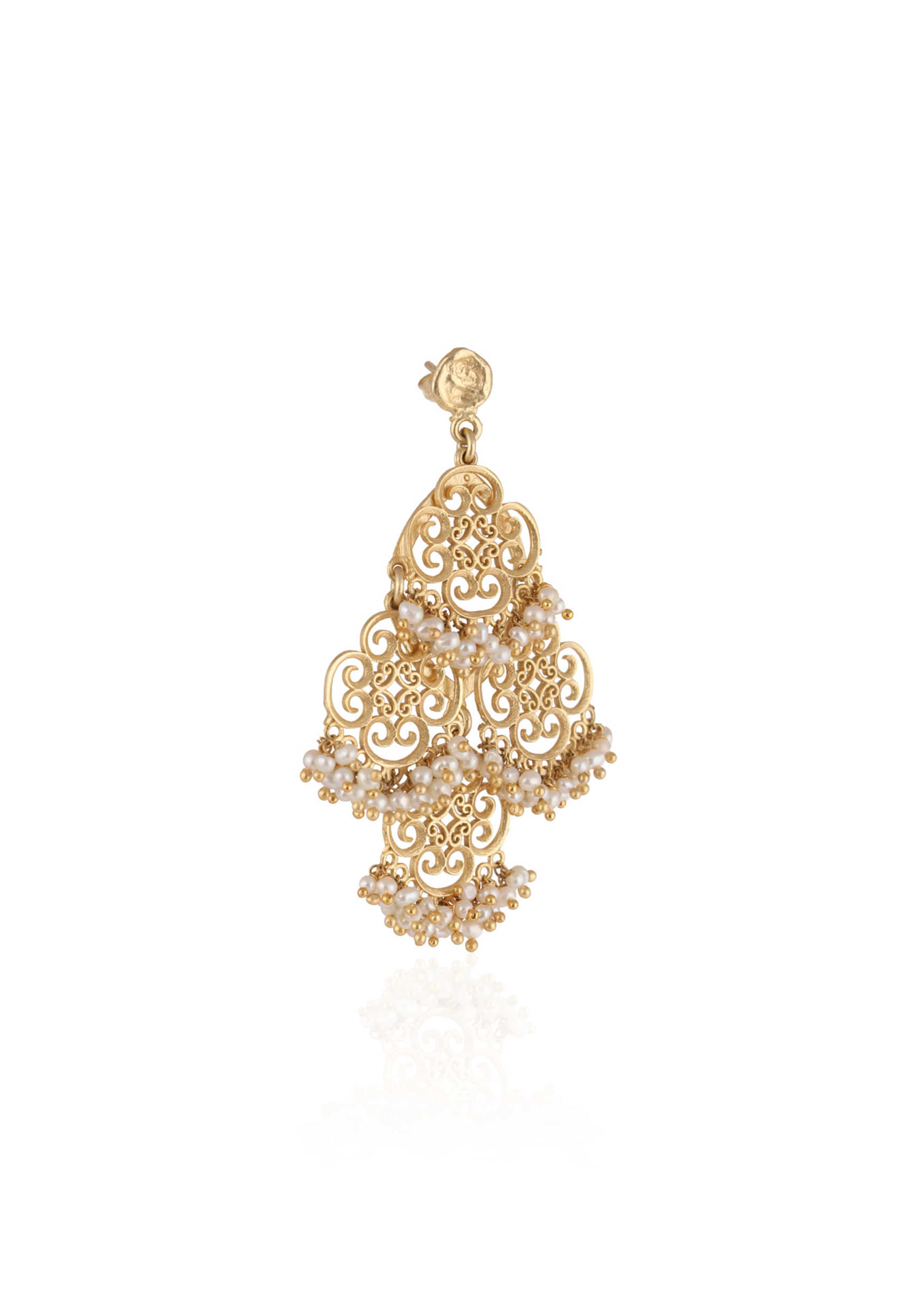 Gold Plated Chandelier Earrings With Delicate Pearl Beads And Intricate Filigree Motifs By Zariin