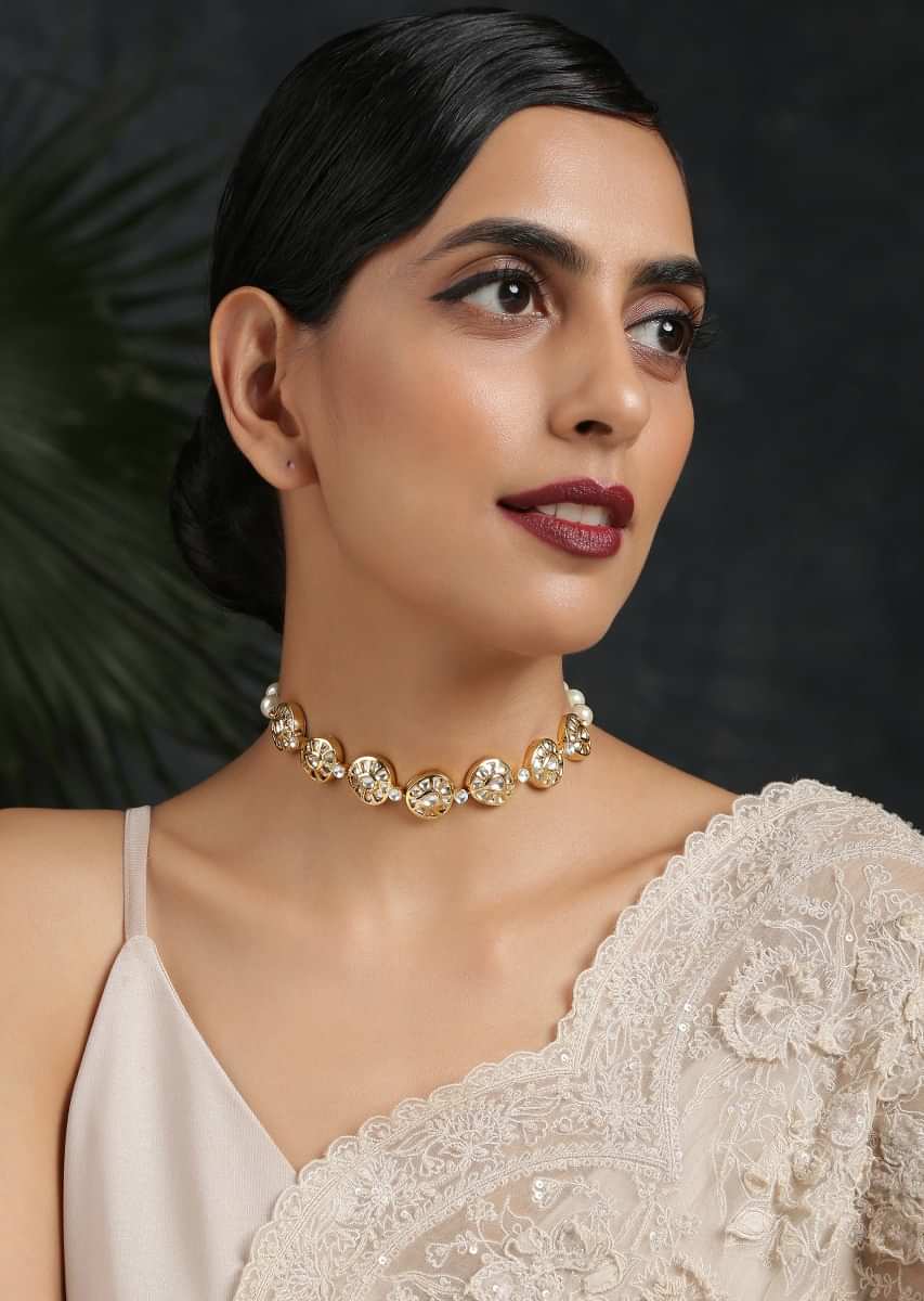 Gold Plated Choker Necklace Beautifully Handcrafted With Kundan And Pearls In A Minimalistic Design By Paisley Pop