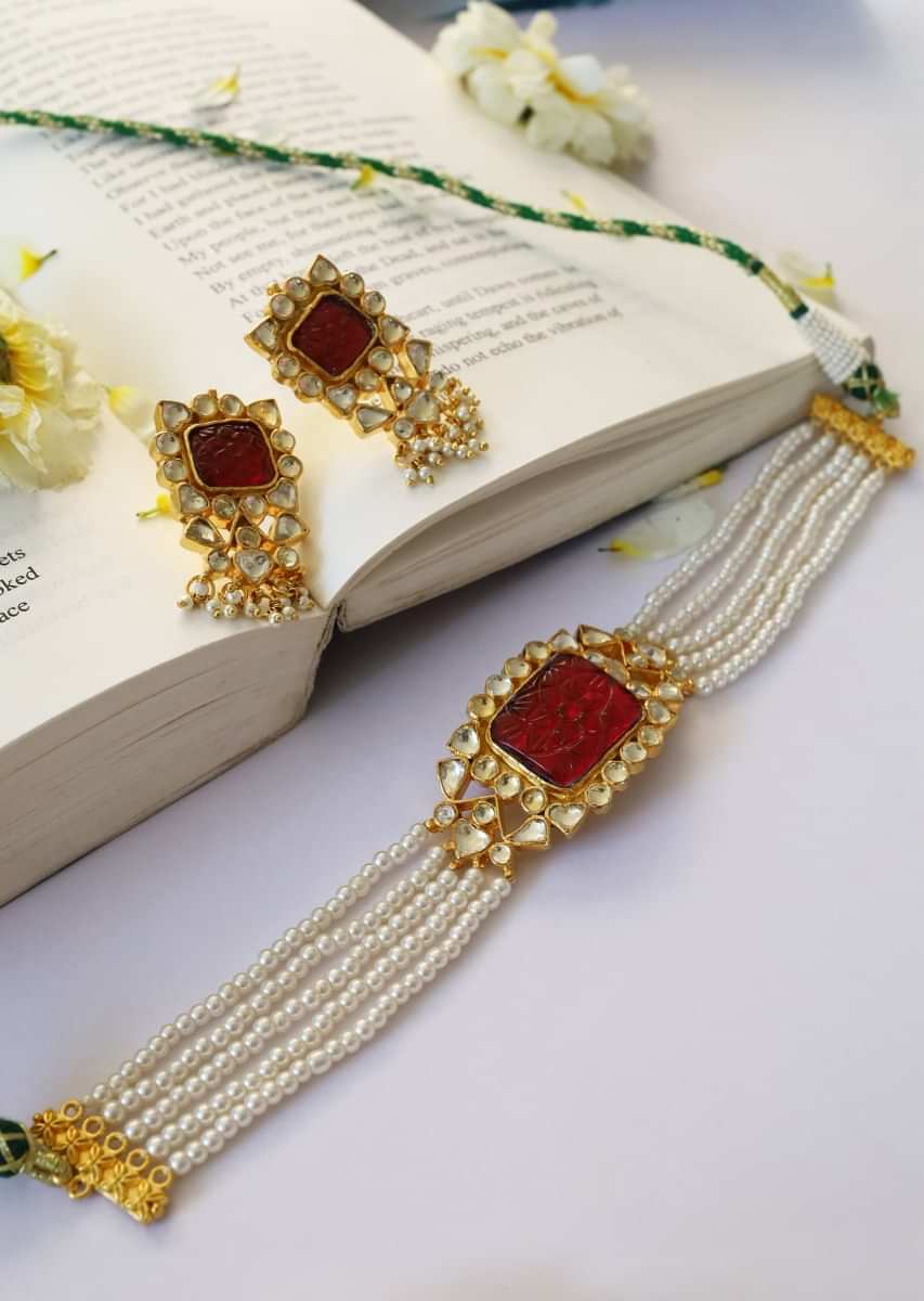 Gold Plated Choker Necklace Set With Carved Red Stone, Kundan And Shell Pearl Strings By Paisley Pop