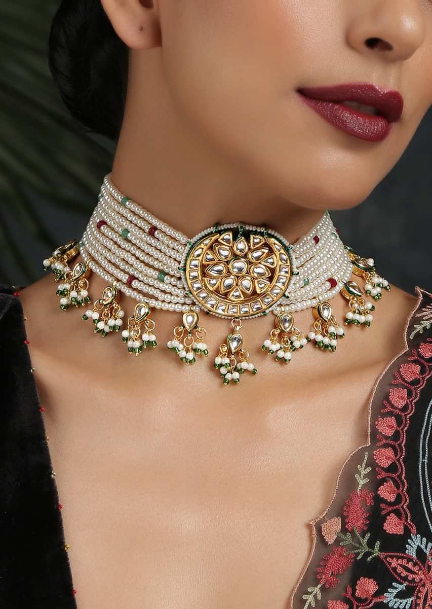 Gold Plated Choker With Kundan Flower Highlight In The Centre, Moti Strings And Tassel Detailing By Paisley Pop