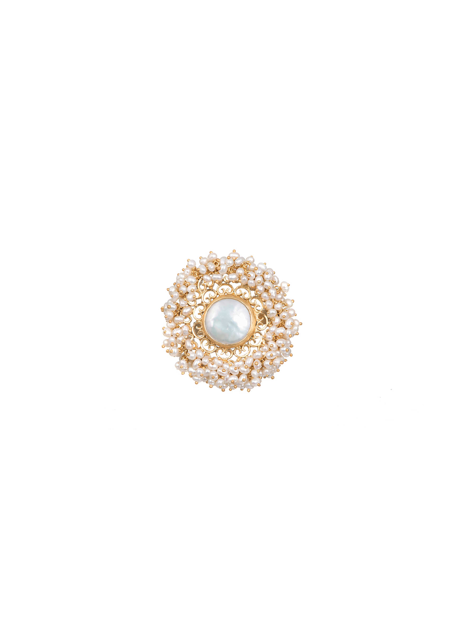 Gold Plated Chunky Ring With A Baroque Pearl Centre Lined With Tiny Pearl Beads By Zariin