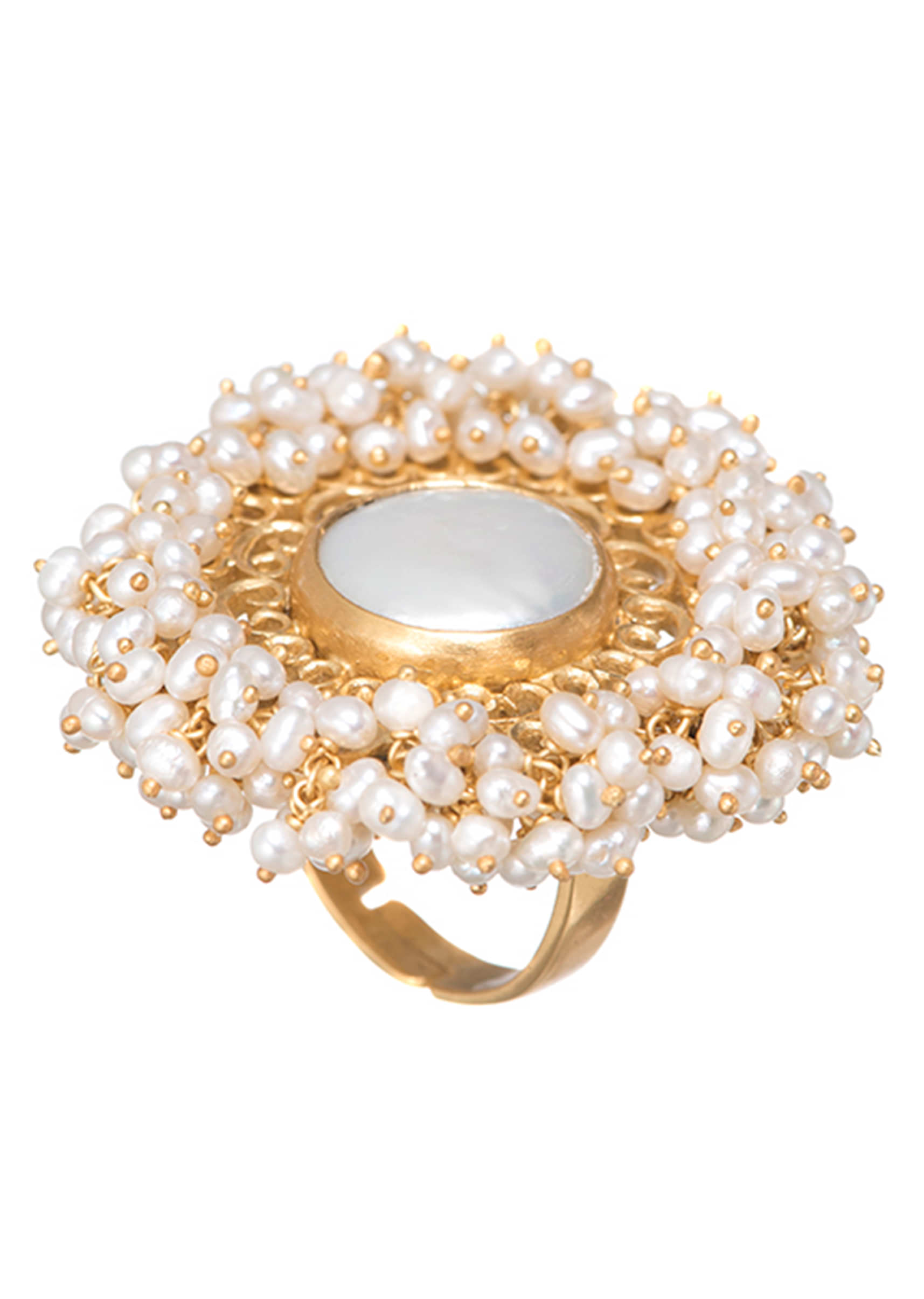 Gold Plated Chunky Ring With A Baroque Pearl Centre Lined With Tiny Pearl Beads By Zariin