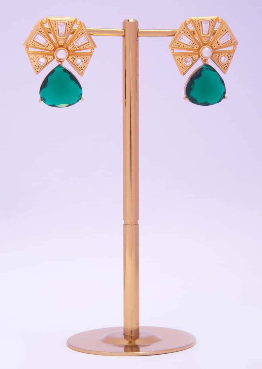 Gold plated cluster earring with emerald green stone  only on kalki