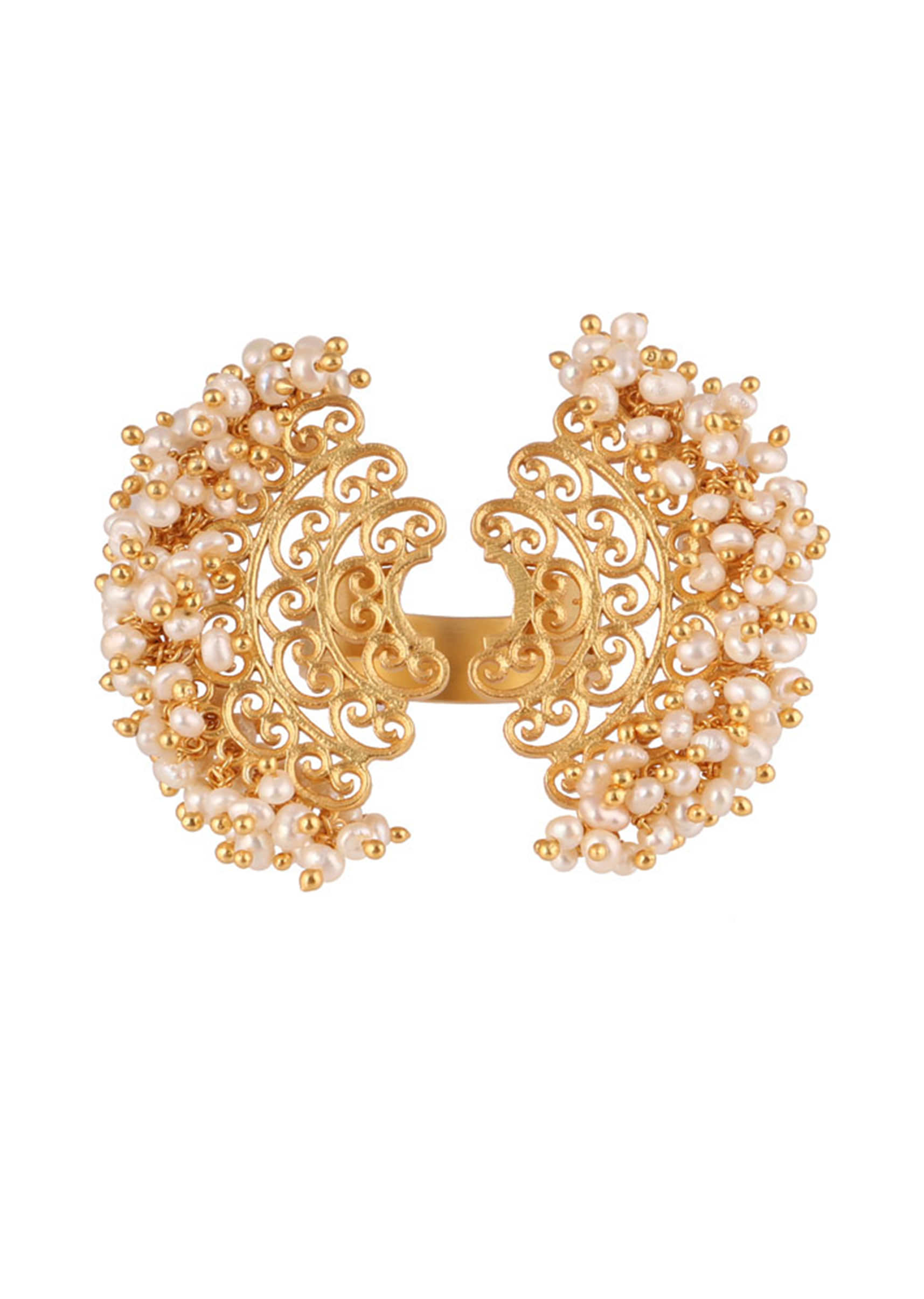 Gold Plated Cocktail Ring With Filigree Details And Pearls By Zariin