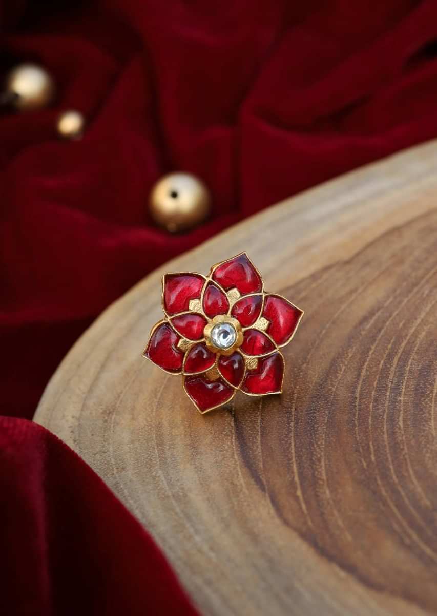 Gold Plated Cocktail Ring With Ruby Red Stones And Kundan Arranged In A Flower Shape By Paisley Pop