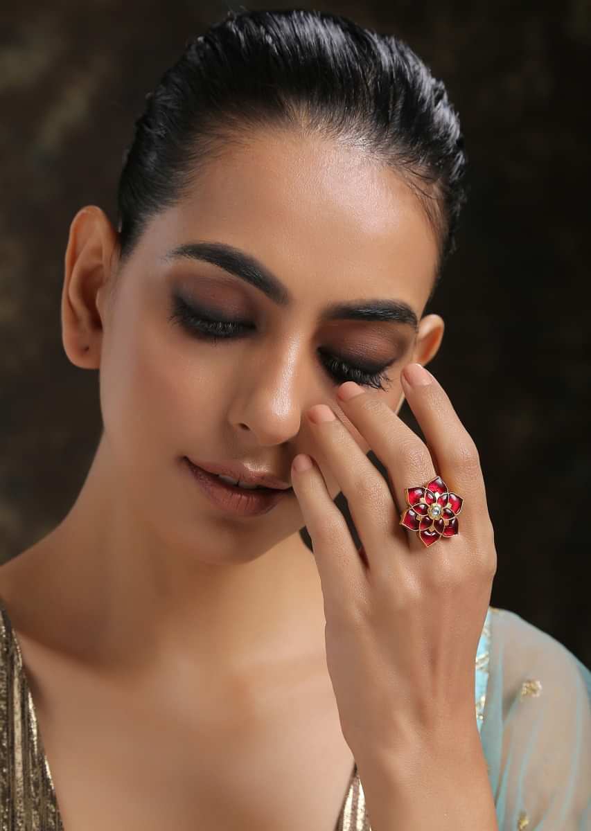 Gold Plated Cocktail Ring With Ruby Red Stones And Kundan Arranged In A Flower Shape By Paisley Pop