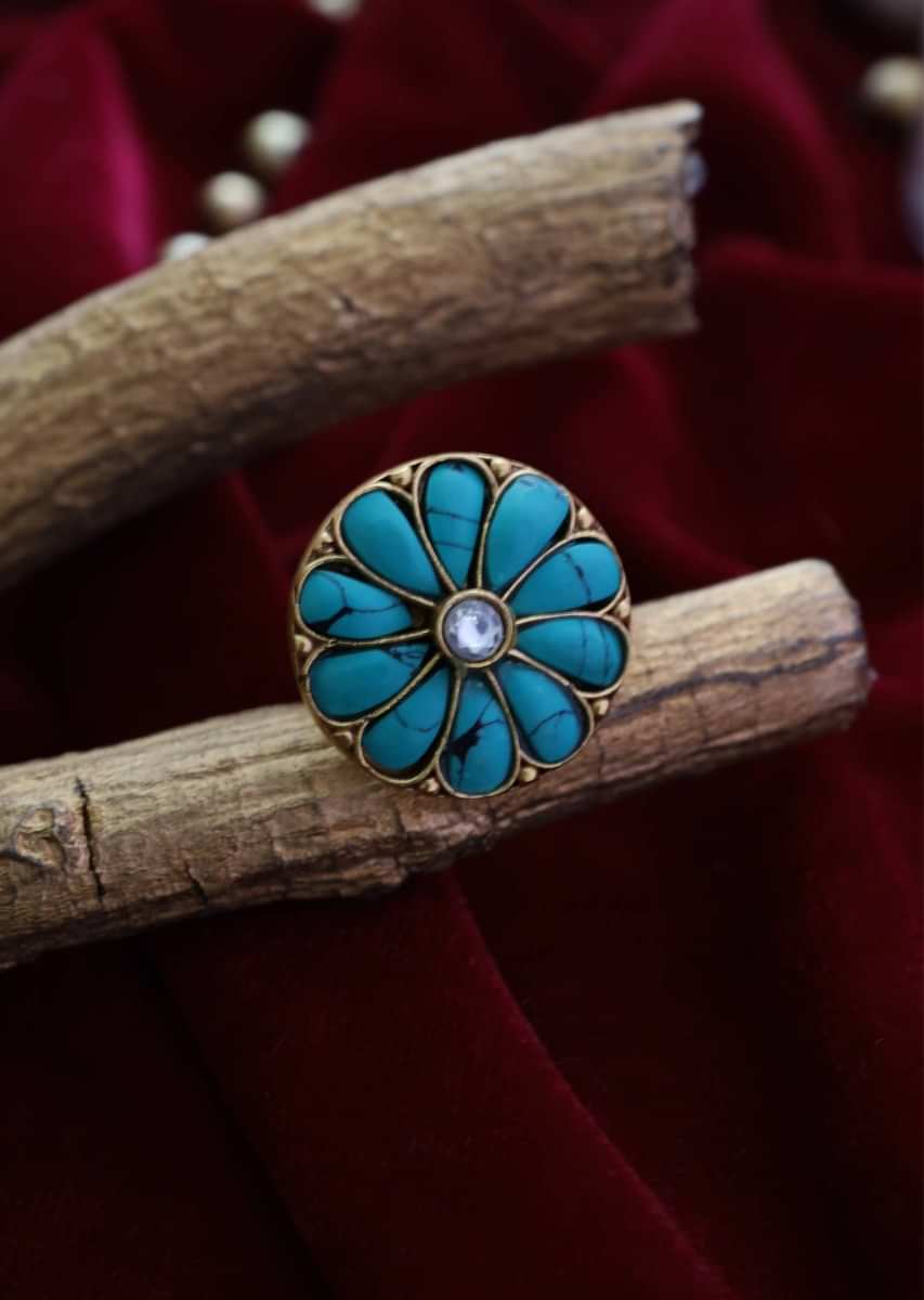Gold Plated Cocktail Ring With Turquoise Stones And Kundan Arranged In A Flower Shape By Paisley Pop