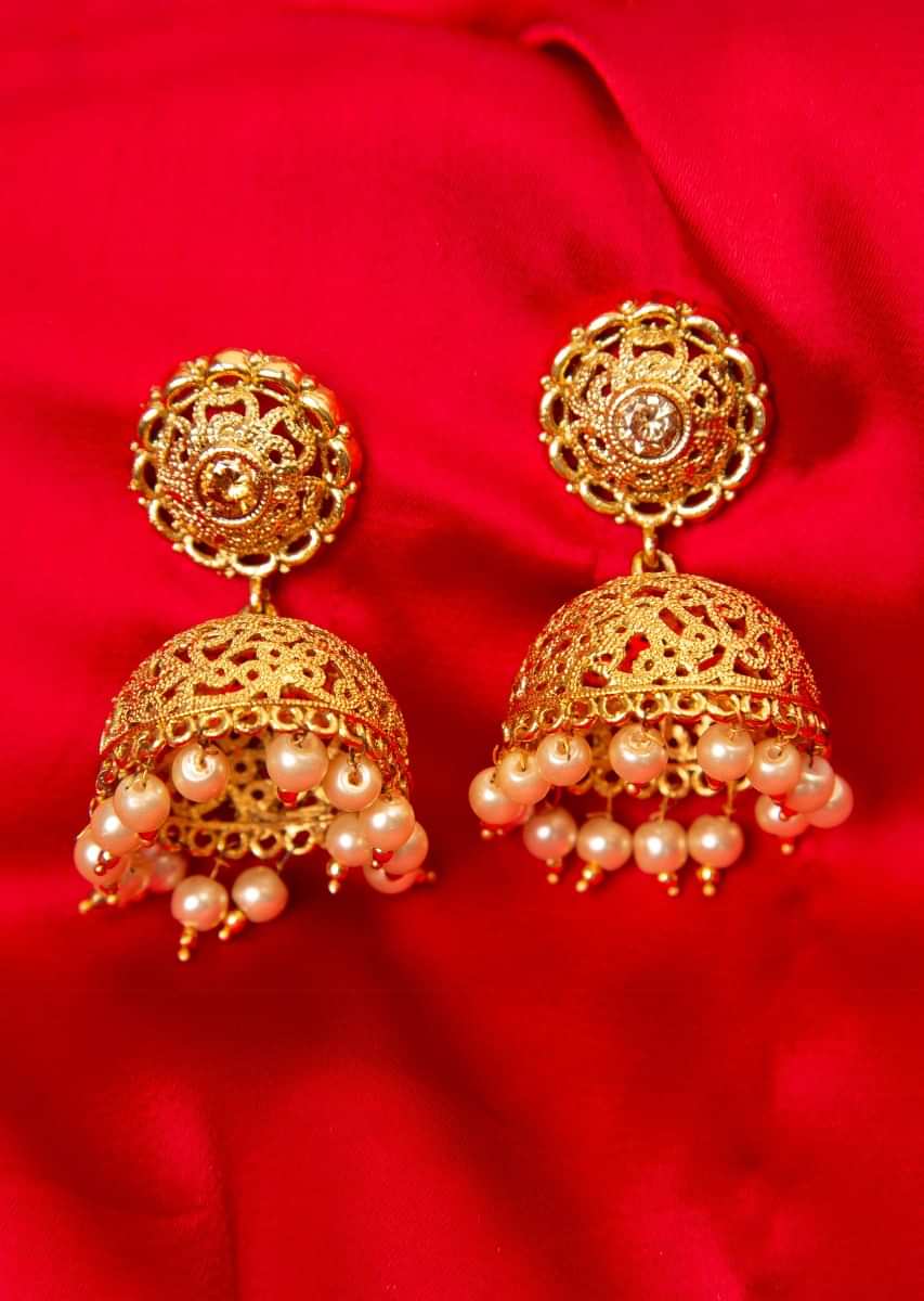 Gold plated cut out jhumkas with moti drops