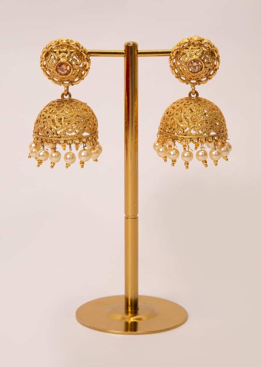 Gold plated cut out jhumkas with moti drops