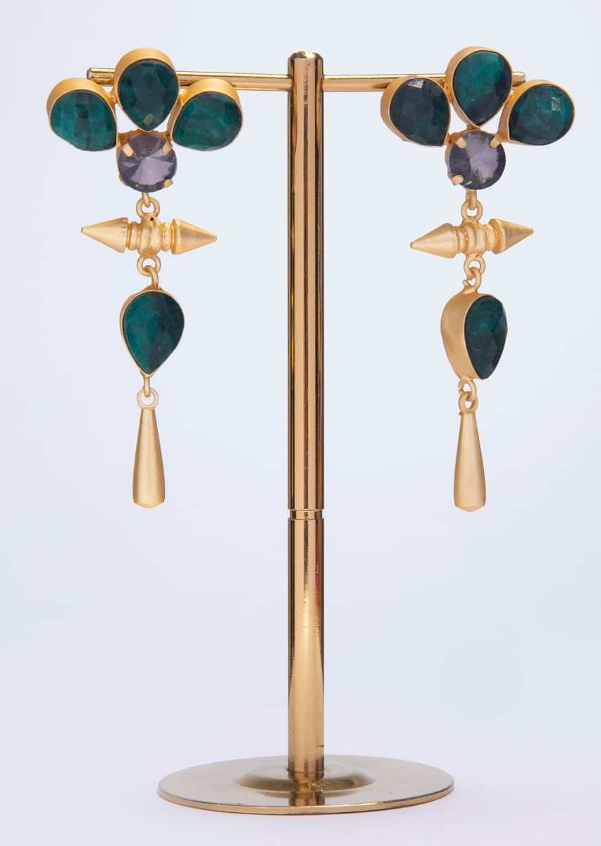 Gold plated dangler earring with emerald green  semi precious stone only on kalki