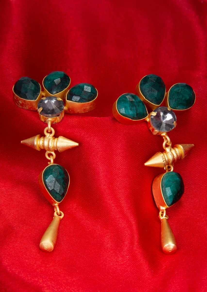 Gold plated dangler earring with emerald green  semi precious stone only on kalki
