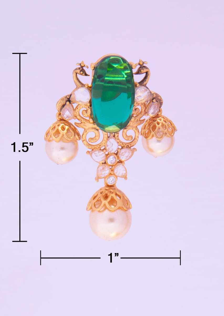 Gold plated designer earring  adorn with emerald green semi precious stone, pearls and crystal beads only on kalki