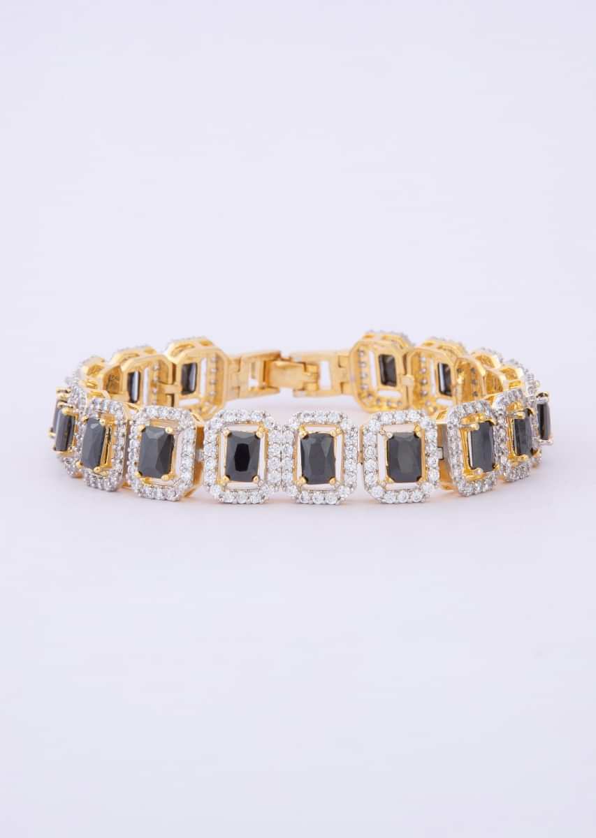 Gold Plated Diamond Studded Bracelet With Black Beads Online - Kalki Fashion