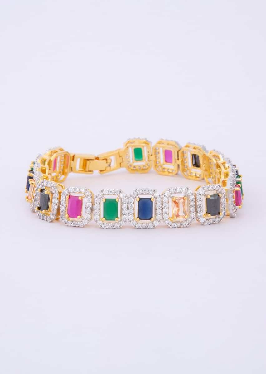 Gold Plated Diamond Studded Bracelet With Multi Color Beads Online - Kalki Fashion