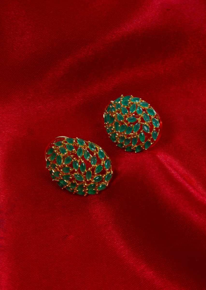 Gold plated earring adorn with jade green beads with cut work only on Kalki