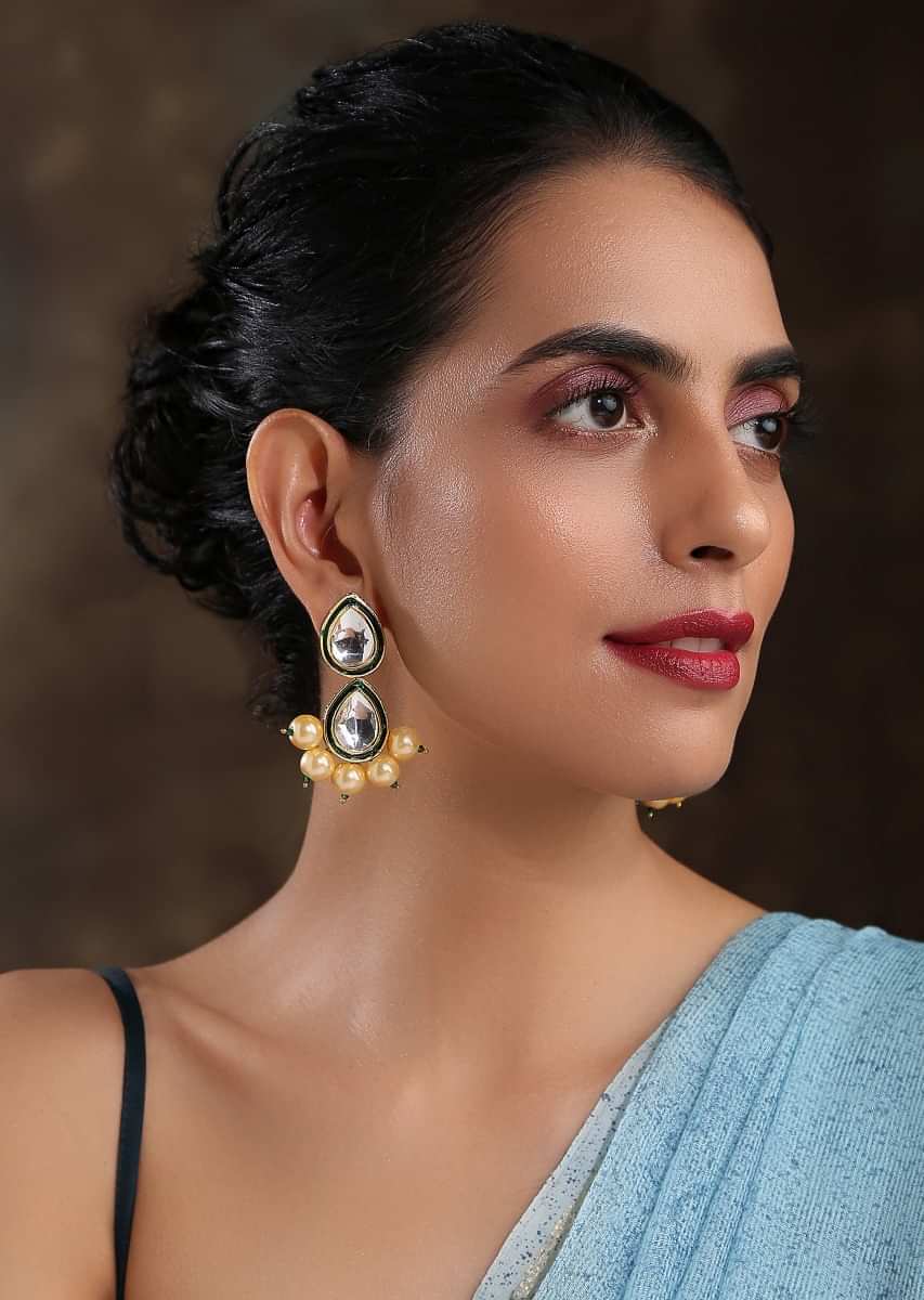 Gold Plated Earrings Featuring Two Drop Shaped Kundan Lined With Gold Beads By Paisley Pop