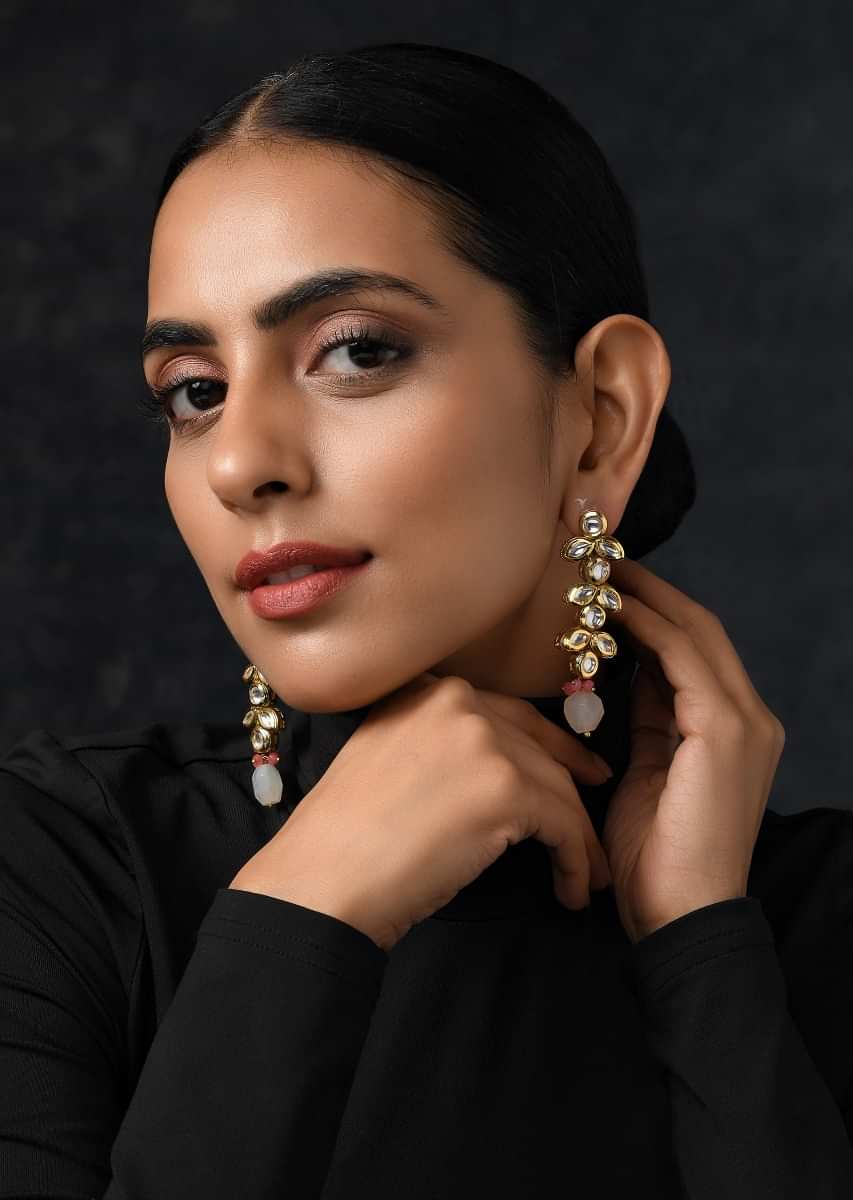Gold Plated Earrings Handcrafted With Kundan And Dangling Pink Stone  By Paisley Pop