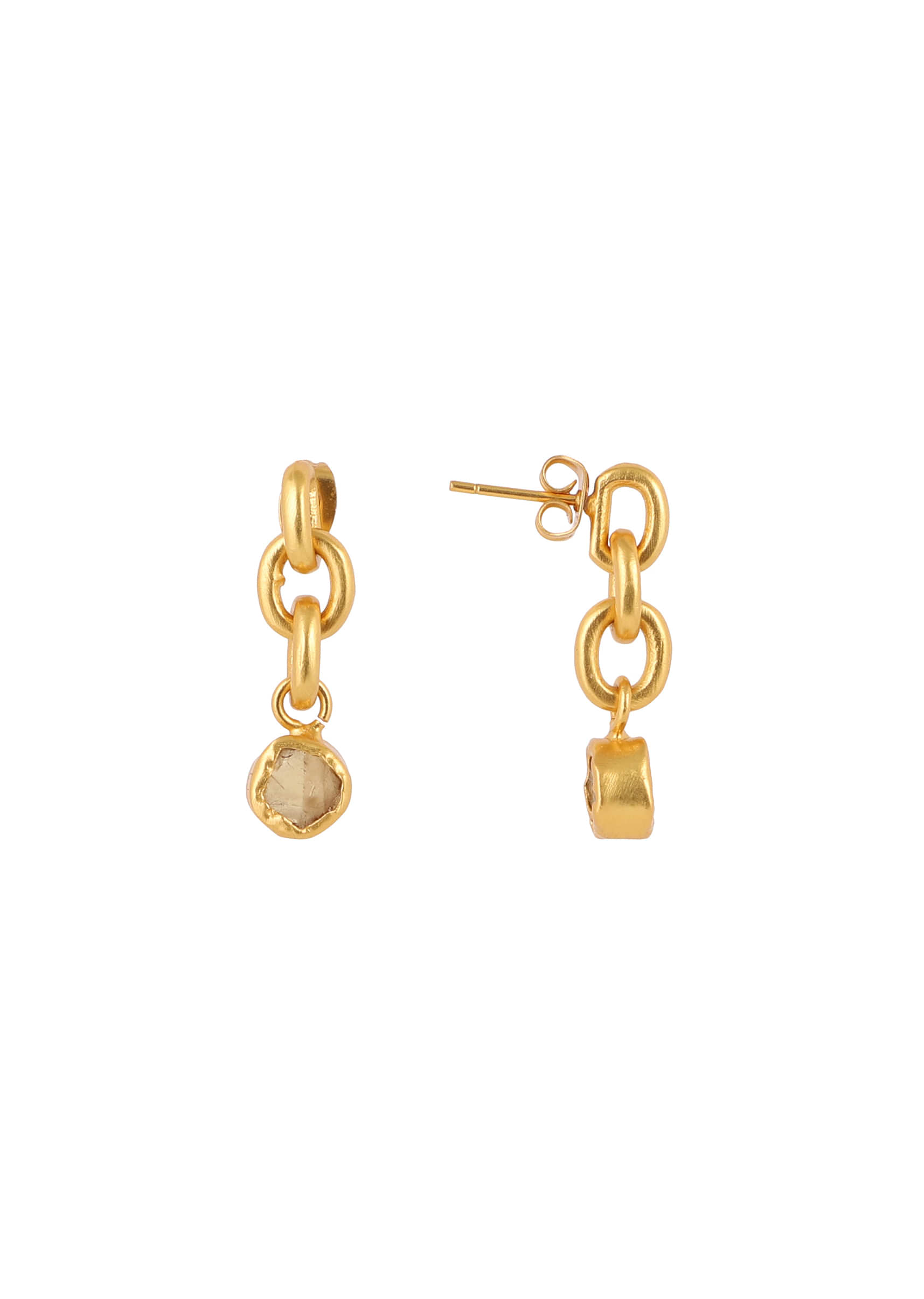 Gold Plated Earrings In A Chunky Link Chain Design With A Rough Citrine Stone By Zariin
