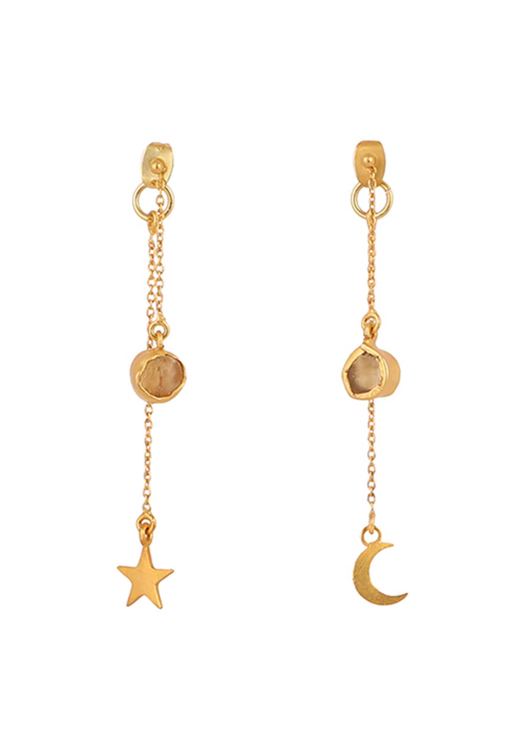 Gold Plated Earrings With A Rough Green Chalcedony And Dangling Moon And Star By Zariin