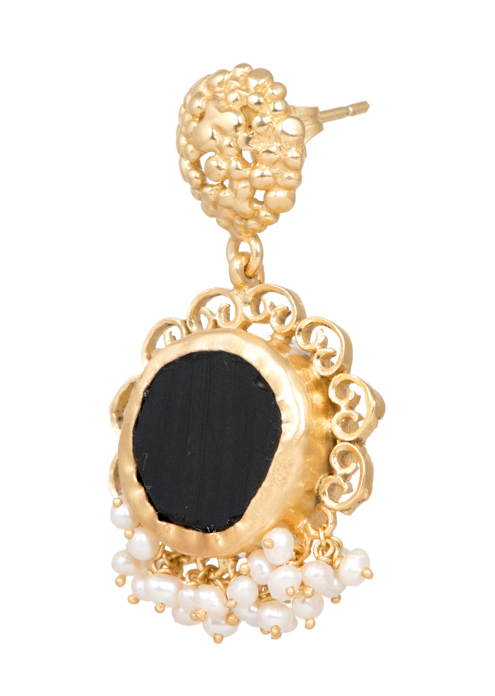 Gold Plated Earrings With Black Onyx And Tiny Bits Of Pearls By Zariin