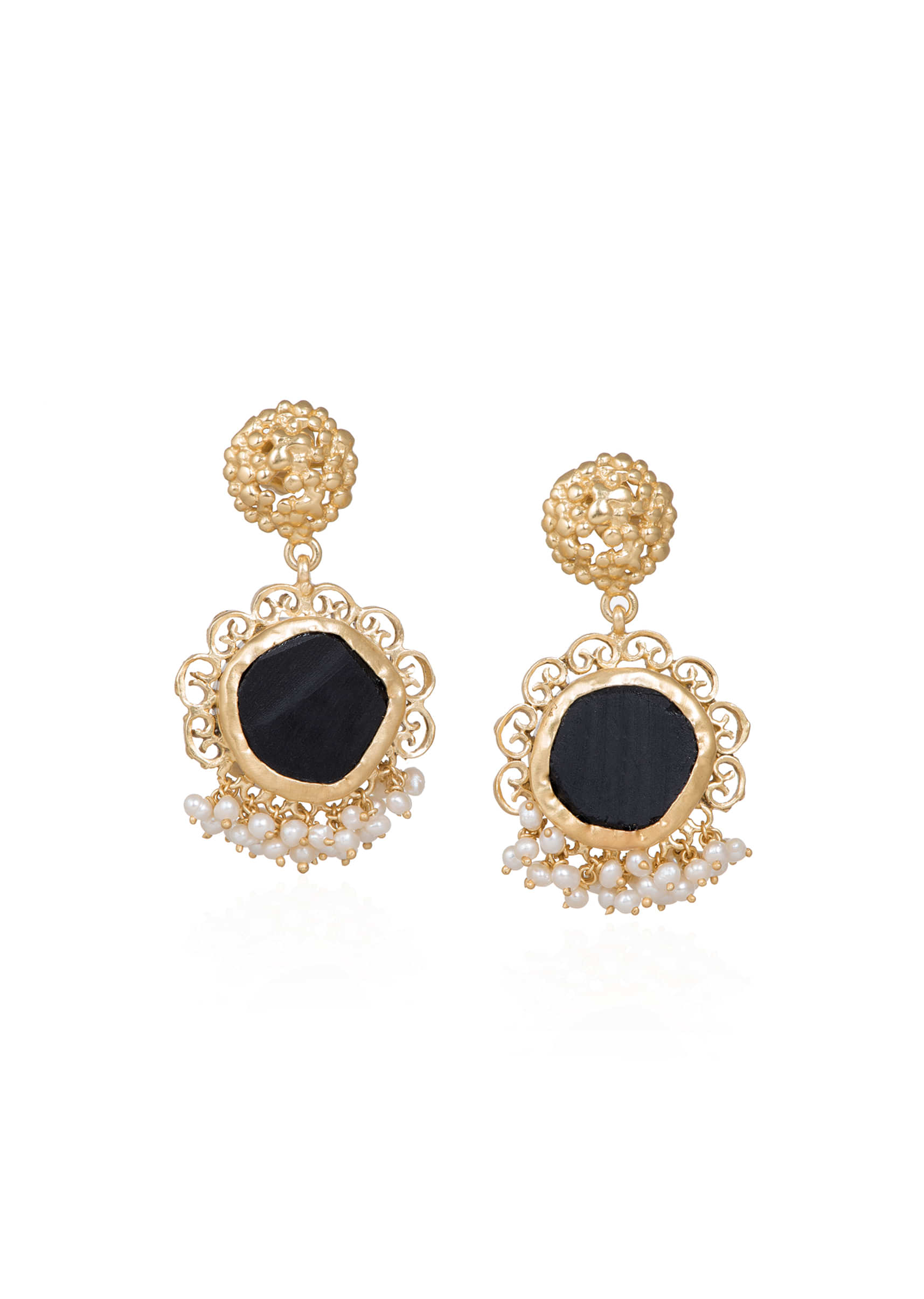 Gold Plated Earrings With Black Onyx And Tiny Bits Of Pearls By Zariin