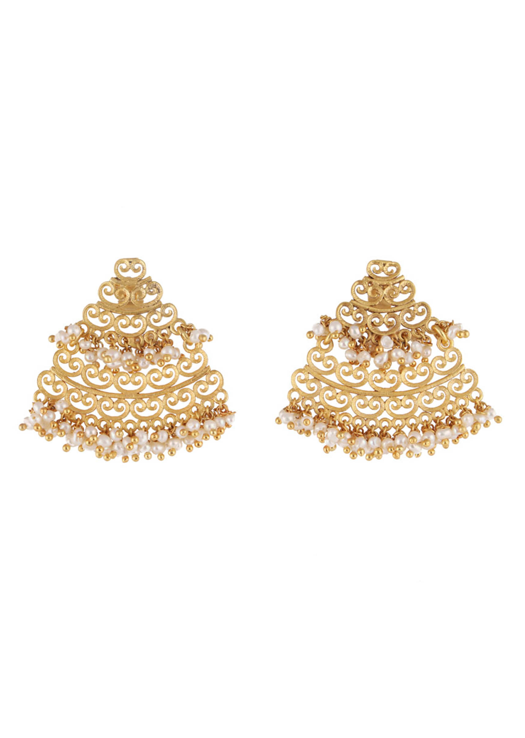 Gold Plated Earrings With Filigree Design And Two Layers Of Pearls By Zariin