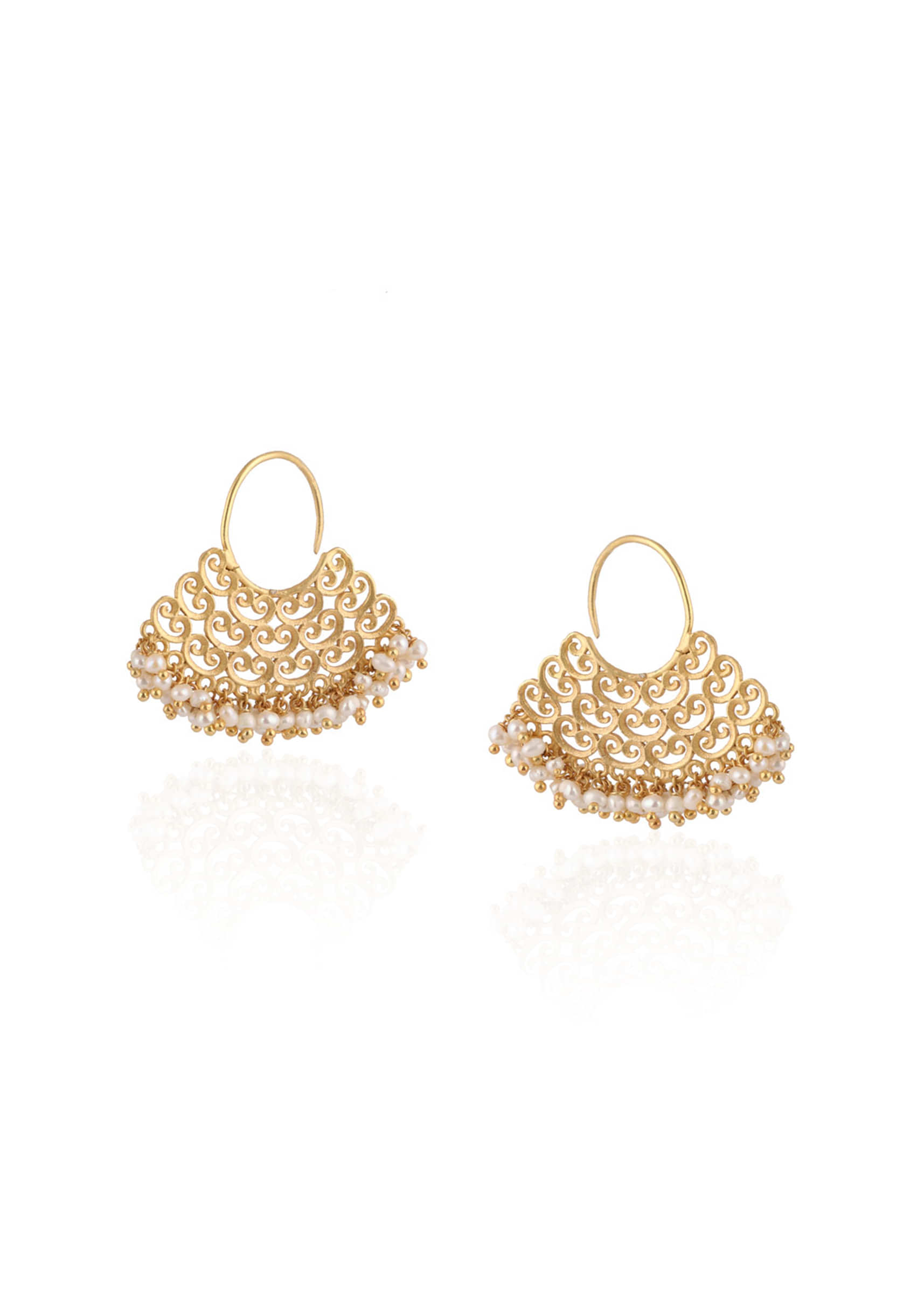 Gold Plated Earrings With Filigree Design Lined In Pearls By Zariin