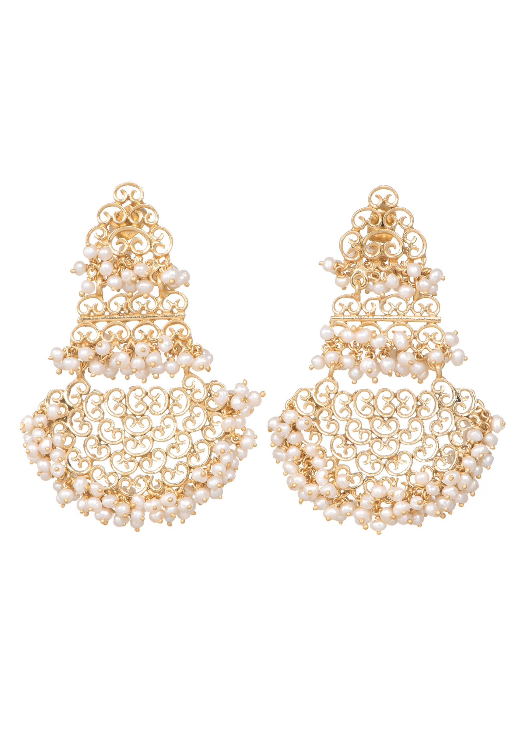 Gold Plated Earrings With Frills Of Pearls And Carved Filigree Detailing By Zariin