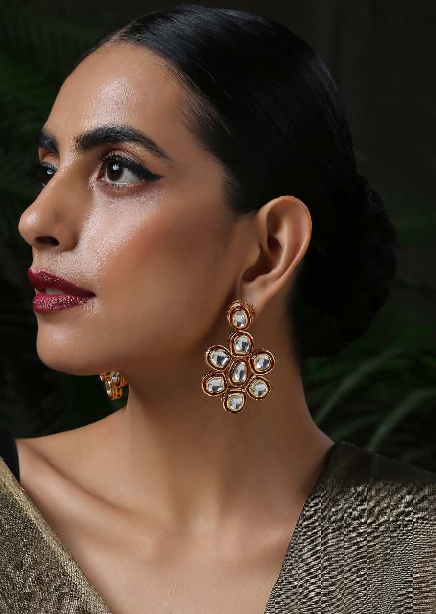 Gold Plated Earrings With Red Meenakari And Encrusted With Kundan In Floral Motif By Paisley Pop