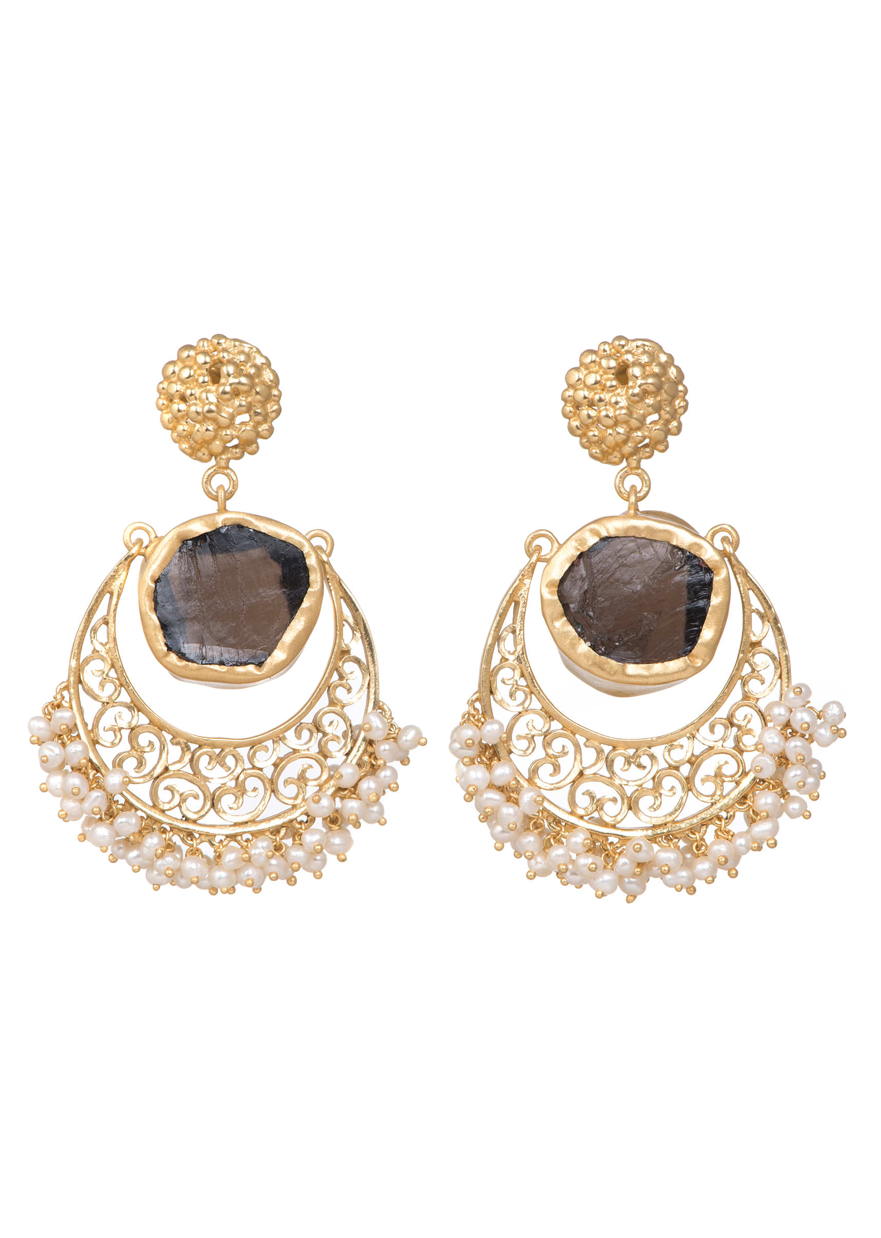 Gold Plated Earrings With Smoky Topaz And Tiny Bits Of Pearls By Zariin