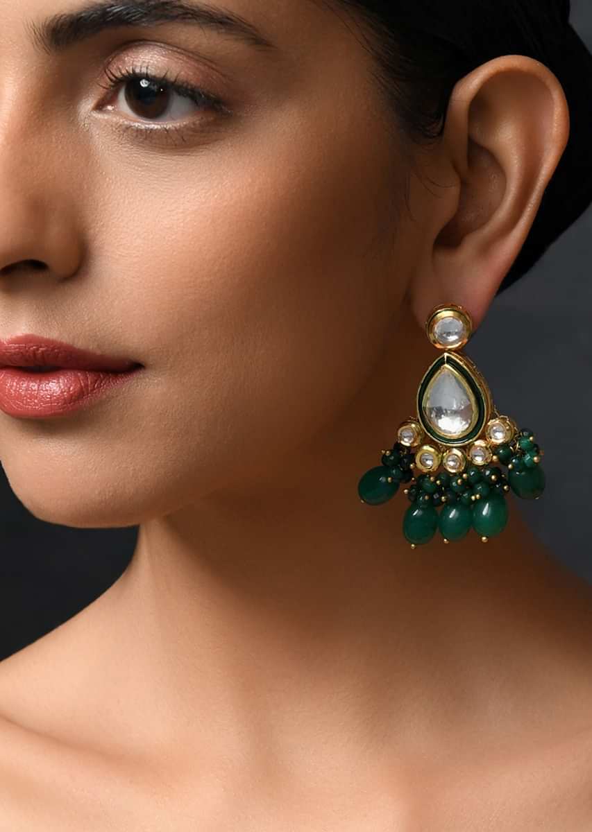 Gold Plated Earrings With Uncut Kundan Polki And Emerald Green Stones By Paisley Pop