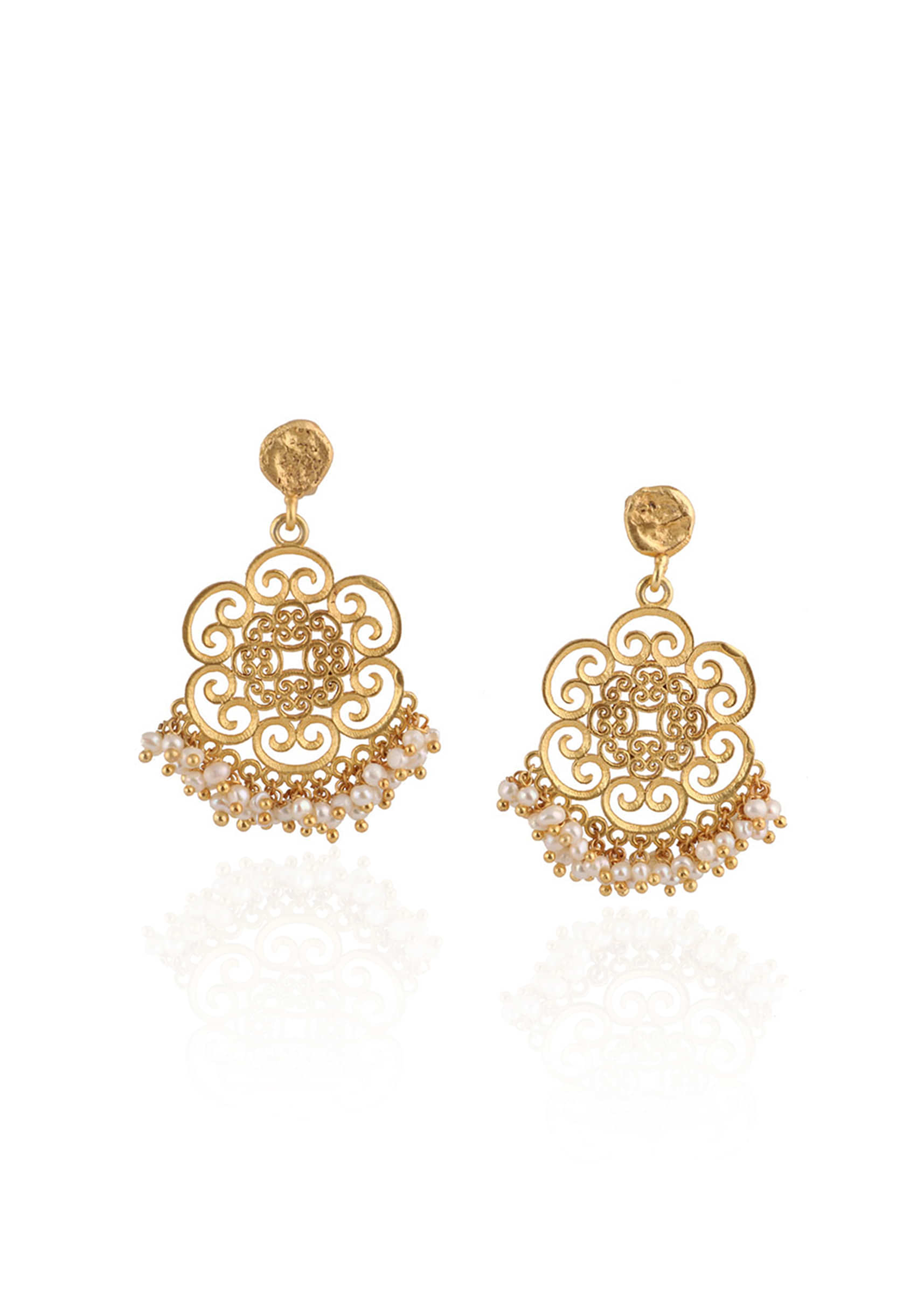 Gold Plated Floral Earrings With Beautiful Filigree Motifs And Pearl Beads By Zariin