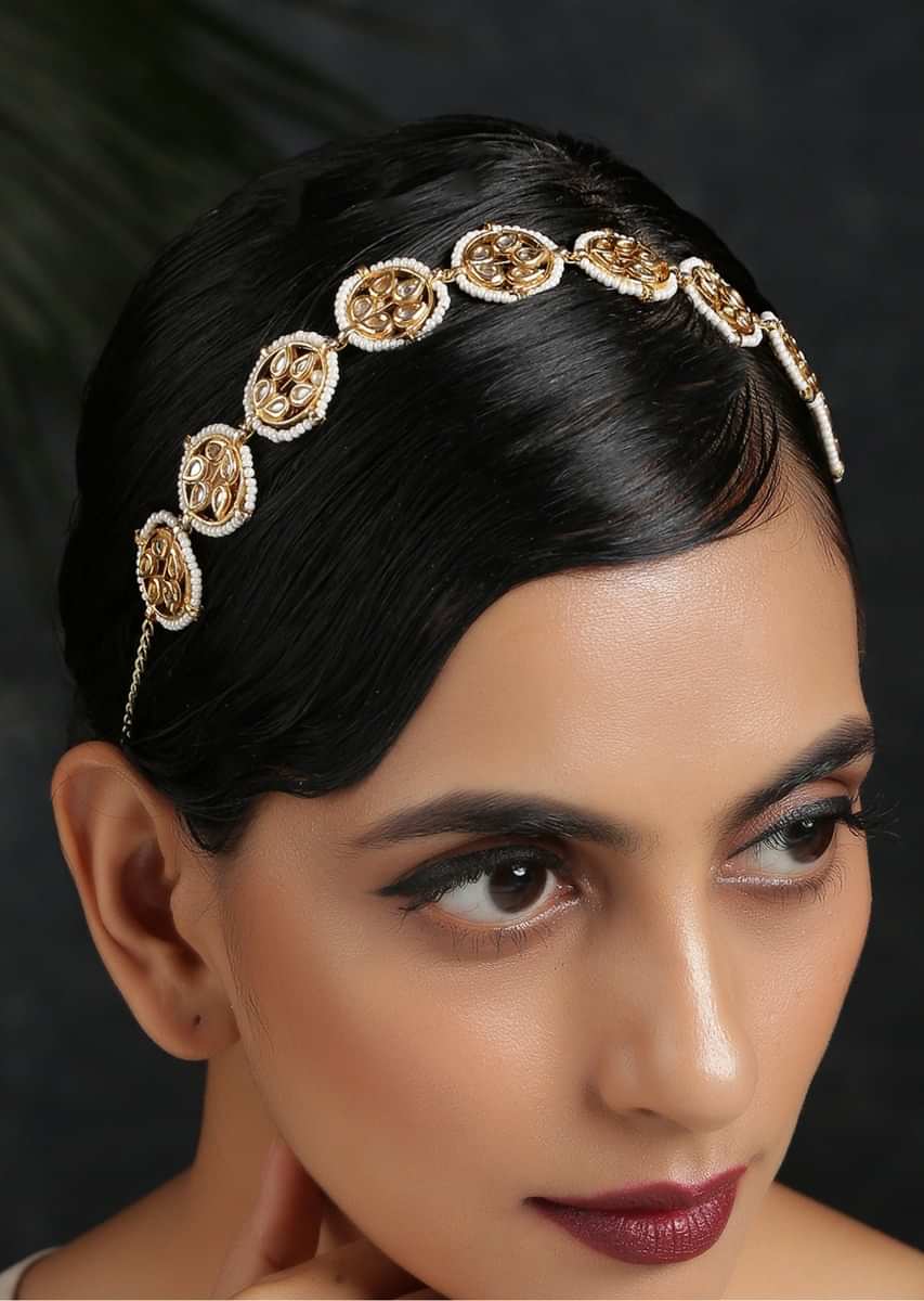 Gold Plated Head Band With Timeless Victorian Polki Edged With Moti Detailing By Paisley Pop