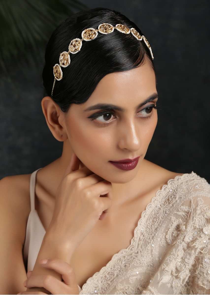 Gold Plated Head Band With Timeless Victorian Polki Edged With Moti Detailing By Paisley Pop
