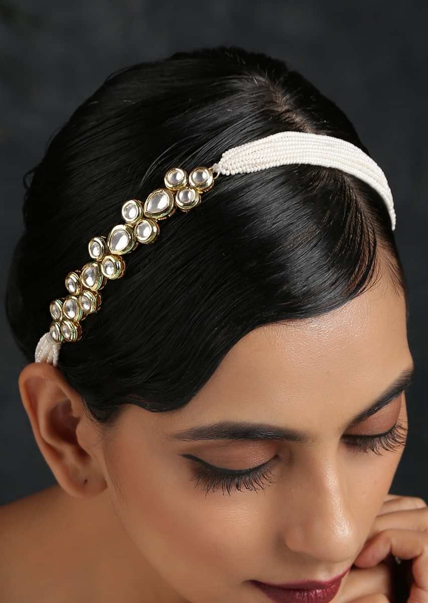 Gold Plated Head Band With Timeless Victorian Polki On One Side And Moti Strings On The Other Half