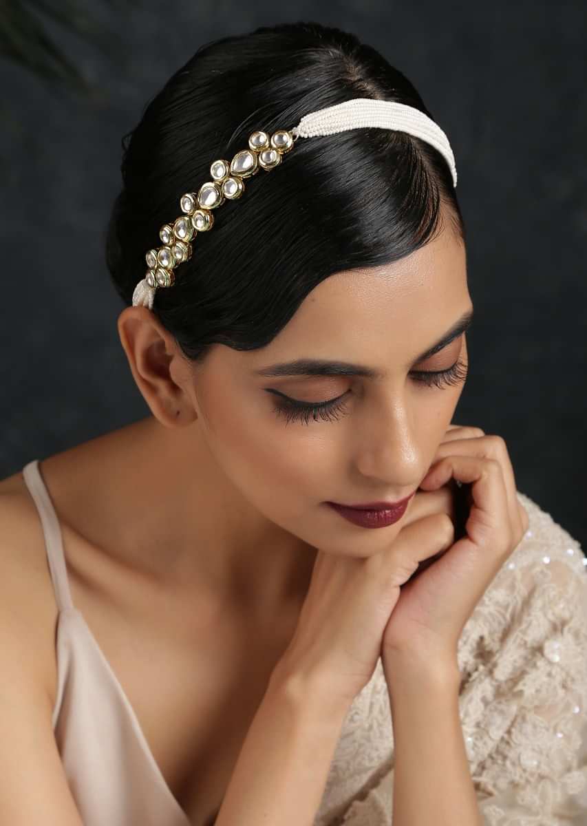 Gold Plated Head Band With Timeless Victorian Polki On One Side And Moti Strings On The Other Half