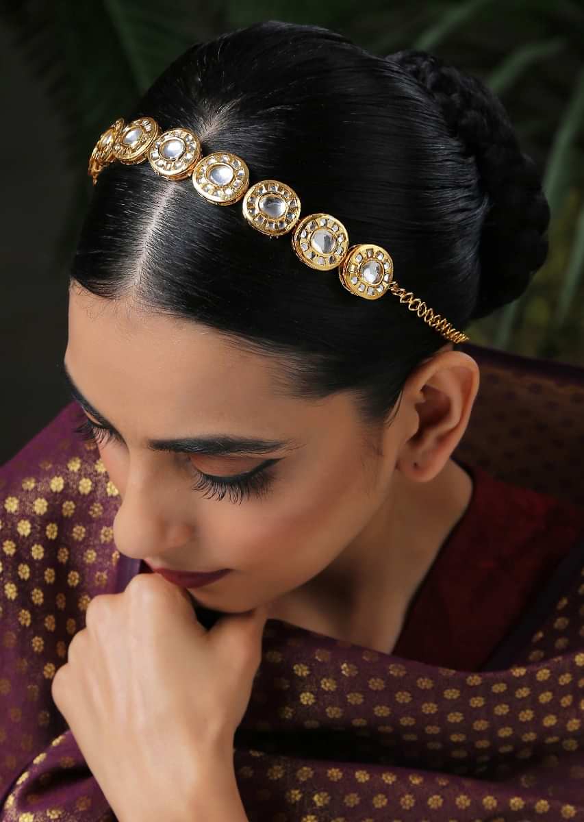 Gold Plated Headband Encrusted With Kundan In A Timeless Classic Look By Paisley Pop